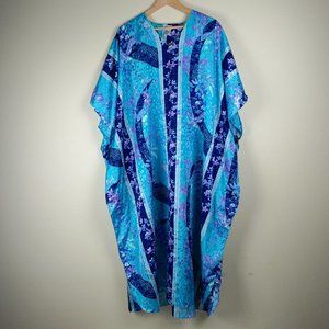 Vintage SANTE Blue Satin Floral Butterfly & Bird Print Kaftan